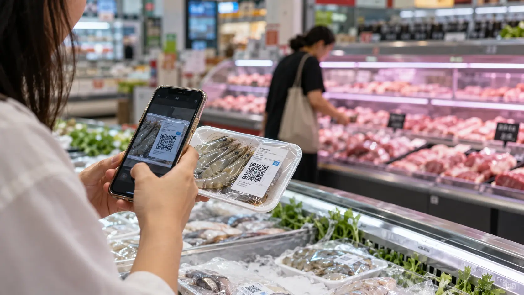 Người tiêu dùng quét mã QR truy xuất nguồn gốc trên thực phẩm tại điểm bán