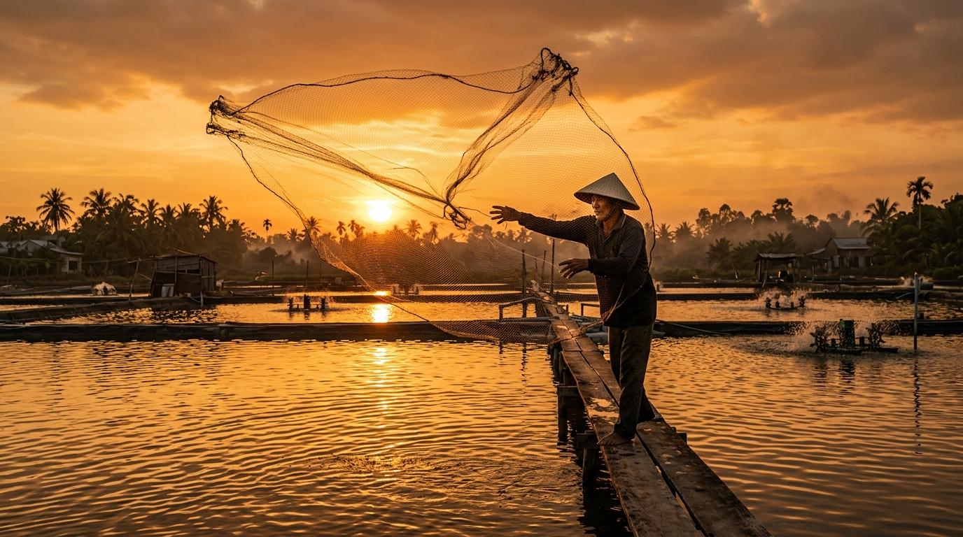 Ngư dân quăng lưới tại vùng nuôi tôm Mekong Delta trong ánh hoàng hôn