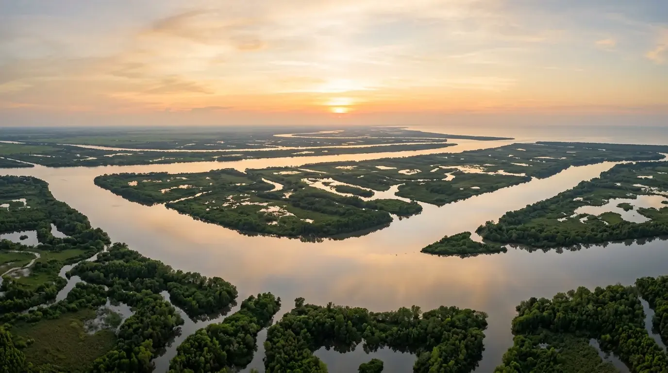 Bức tranh toàn cảnh sông Mekong trù phú lúc hoàng hôn